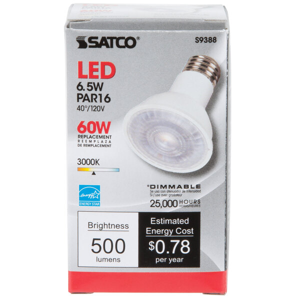 The packaging for a Satco S9388 Warm White LED Reflector Light Bulb with a label.