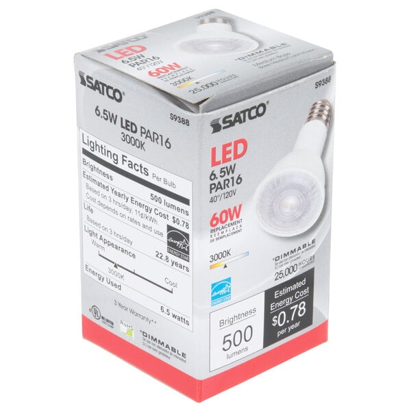 A white box with a Satco LED reflector light bulb.