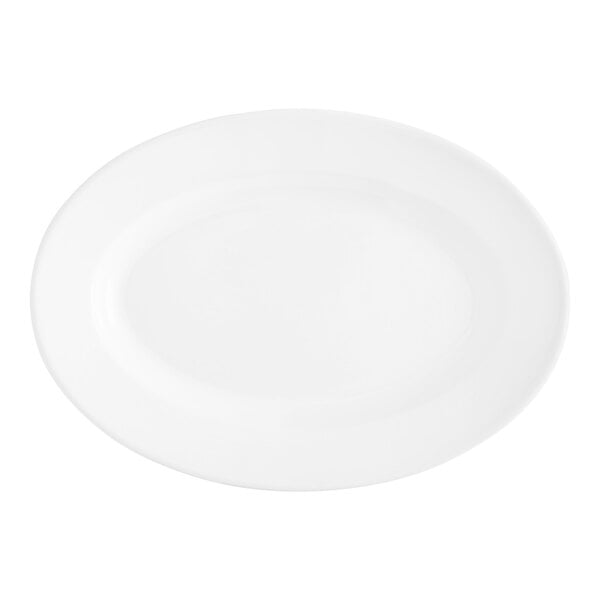 An Acopa bright white stoneware platter with a wide, round rim.