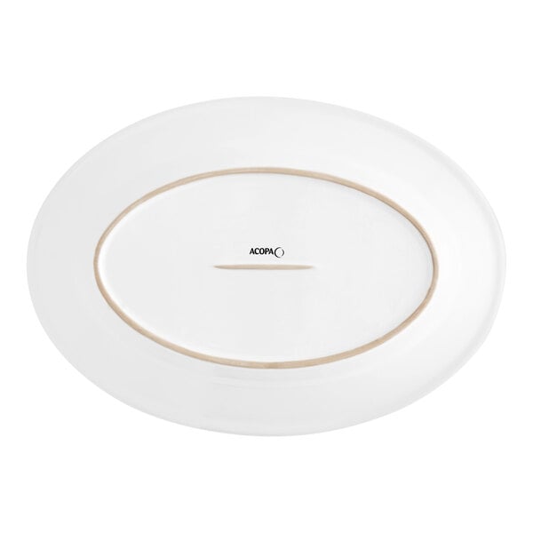 An Acopa bright white stoneware oval platter with a brown rolled edge.