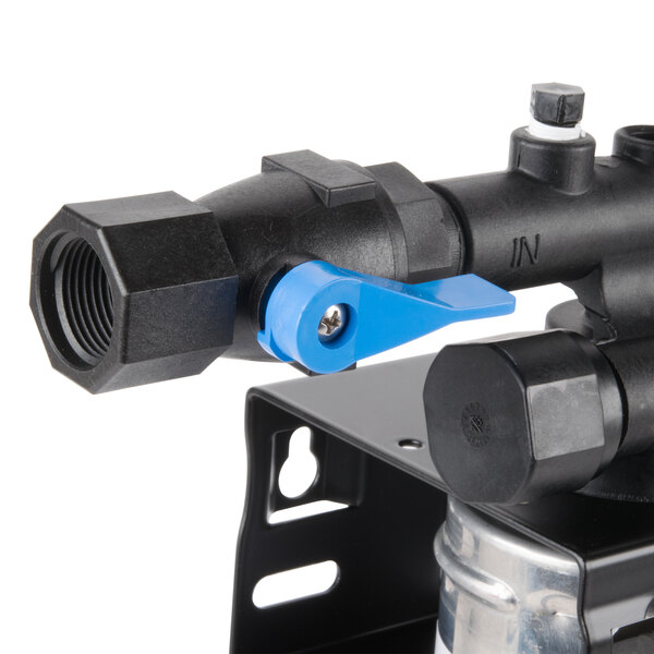 A black and blue Hoshizaki dual cartridge filtration system.