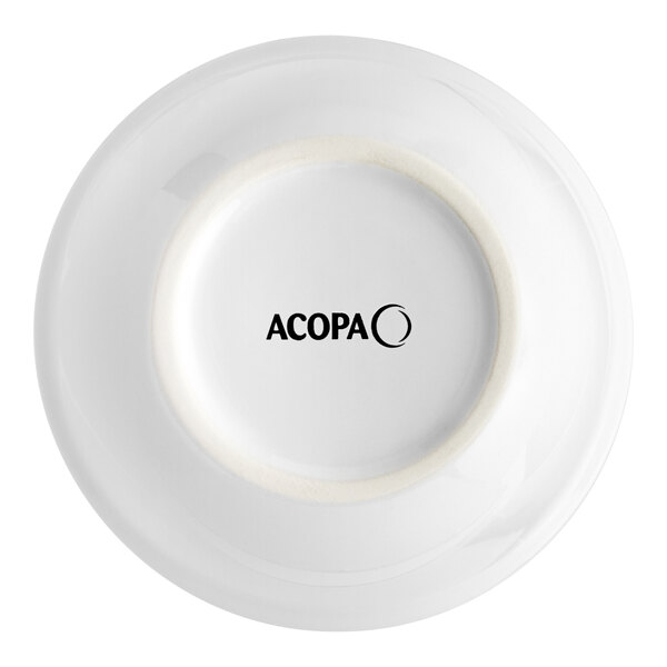 A white Acopa stoneware bowl with black text that says Acopa.