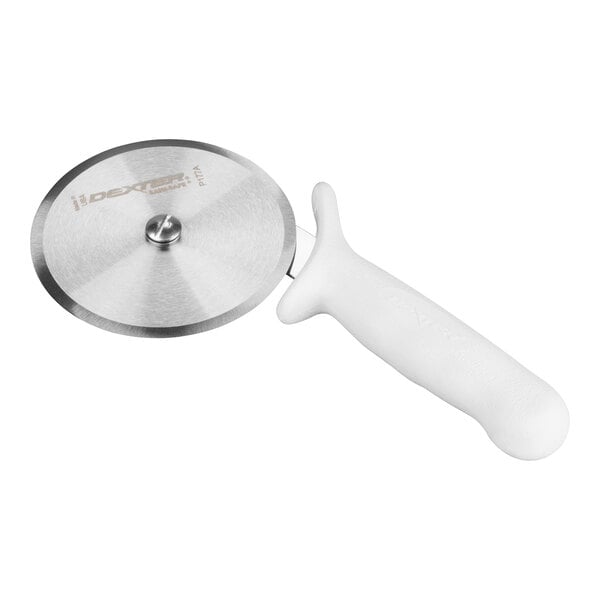 A metal pizza cutter with a round blade and a white handle.