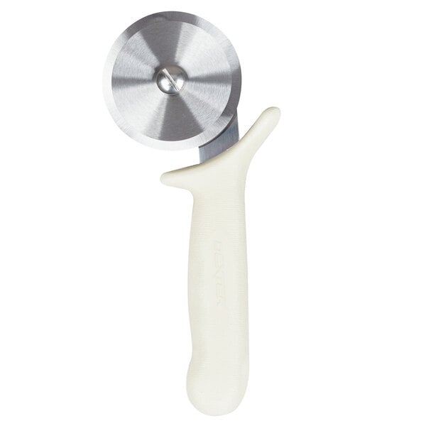A Dexter-Russell pizza cutter with a white handle.