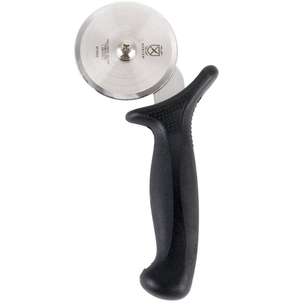 A Mercer Culinary Millennia pizza cutter with a black handle.