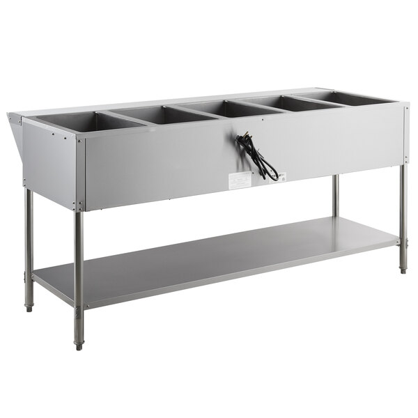 A ServIt stainless steel electric steam table with five open wells on a counter.