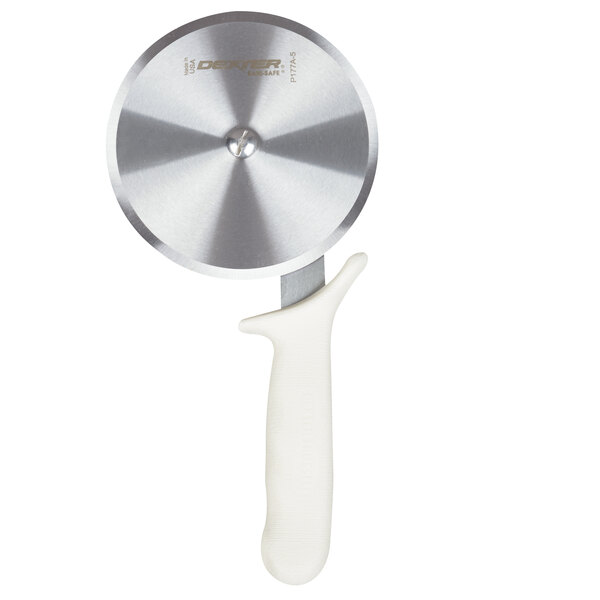 A Dexter Russell pizza cutter with a white handle.