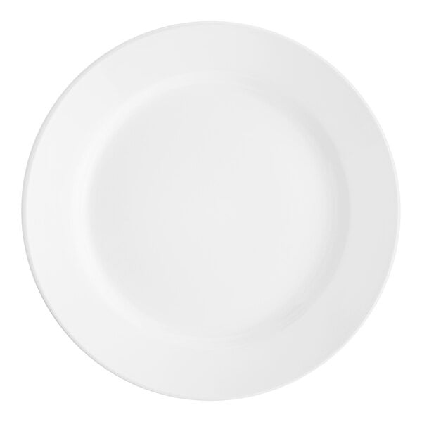 An Acopa bright white stoneware plate with a wide, round rim.