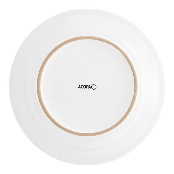 An Acopa bright white stoneware plate with a brown rim.