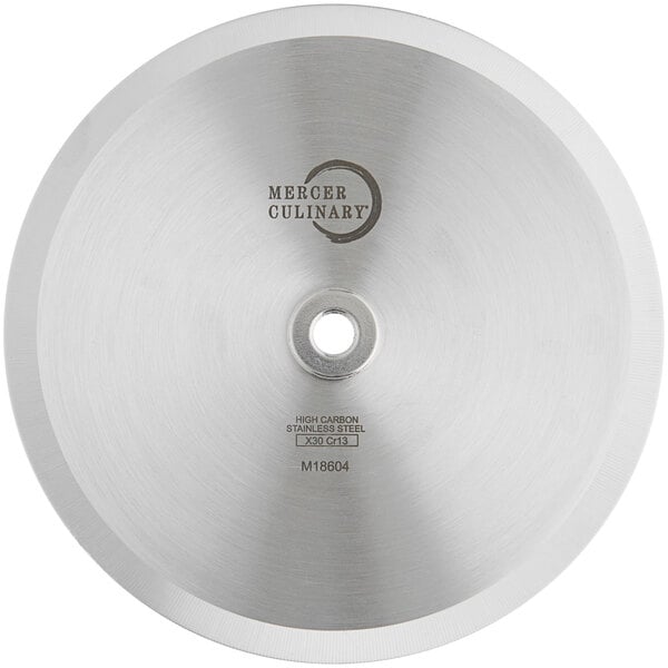 A circular metal Mercer Culinary pizza cutter blade.