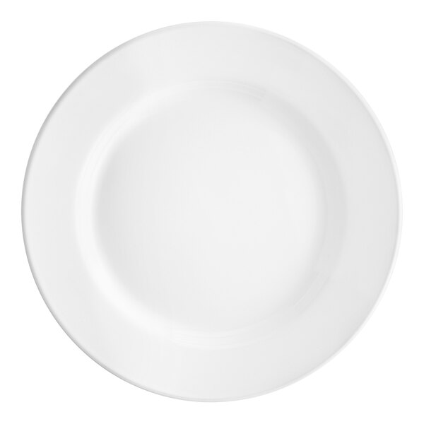 An Acopa bright white stoneware plate with a wide, round edge and white border.