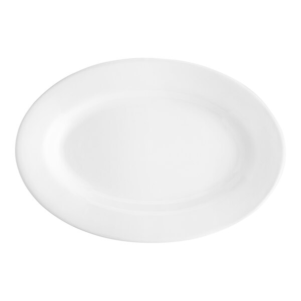 An Acopa bright white stoneware platter with a wide rolled edge.