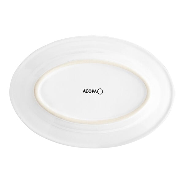 A white oval Acopa stoneware platter with a white border.