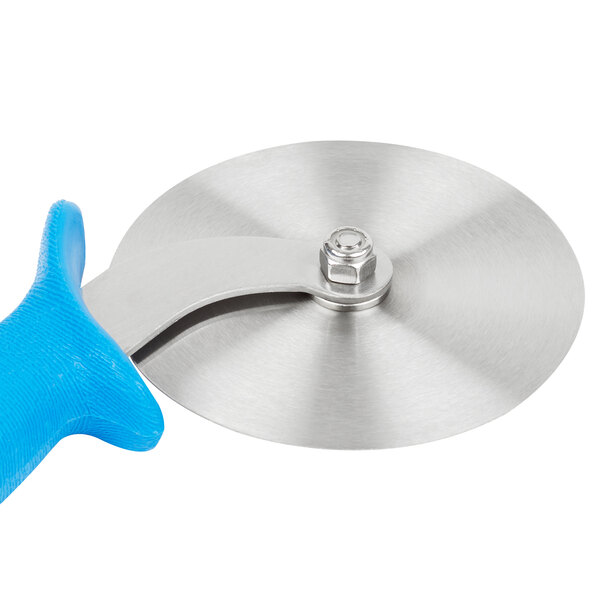 A Dexter-Russell pizza cutter with a blue high-heat handle.