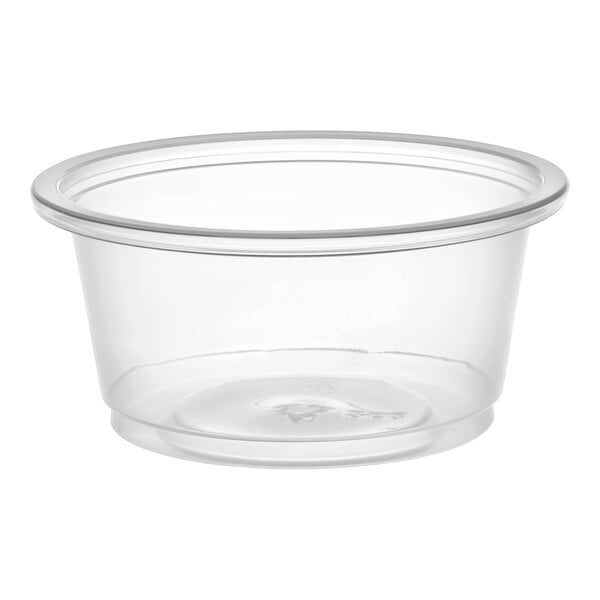 A clear plastic 2 oz. souffle or portion cup.