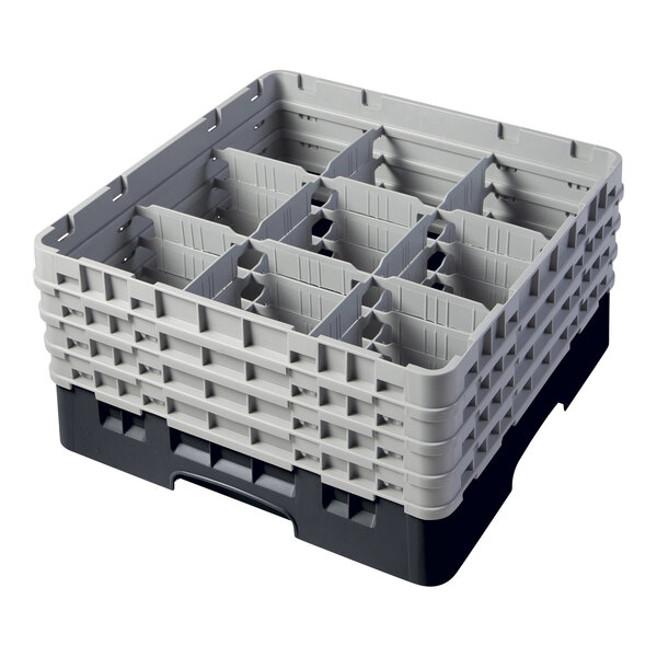 A black plastic Cambro glass rack with 9 compartments.