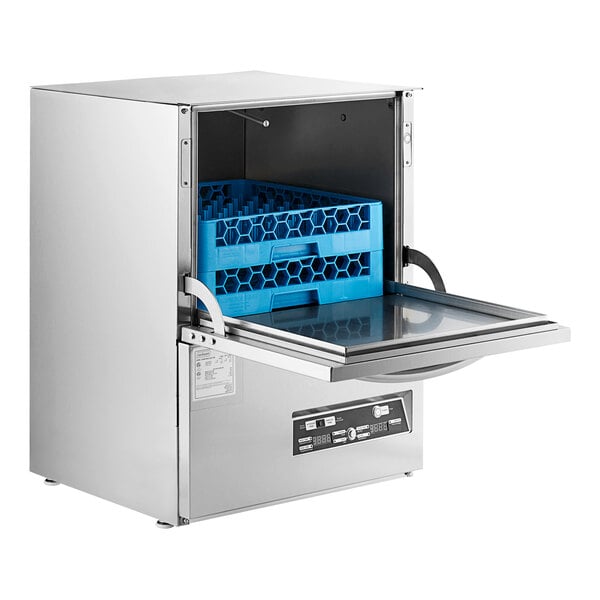 A Jackson DishStar undercounter dishwasher with a blue container inside.