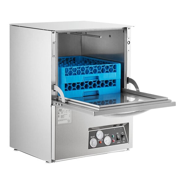 A stainless steel high temperature undercounter dishwasher with a blue dish rack and control panel on the front.