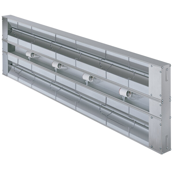 A long shot of a Hatco Glo-Ray double strip warmer with lights.