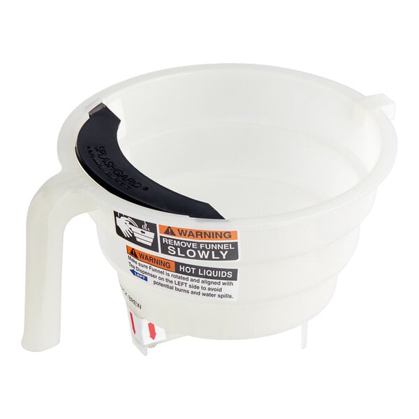 A translucent white plastic funnel with a black handle.
