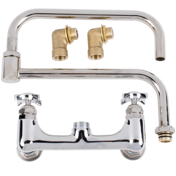 A T&S chrome wall mounted faucet with two brass handles and a hose.
