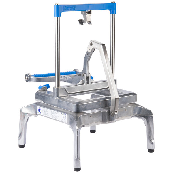 A stainless steel Prince Castle Saber King machine with a blue handle.