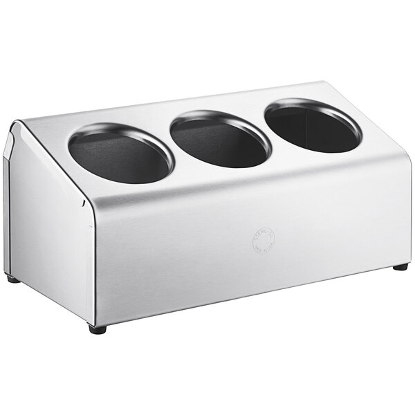 A Steril-Sil stainless steel countertop flatware organizer with three cylinders.
