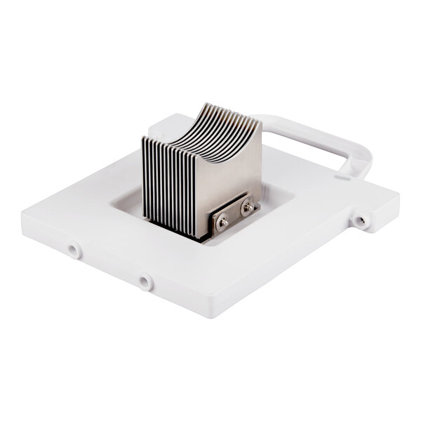 A white and metal pusher head assembly for a universal slicer, featuring multiple parallel blades.