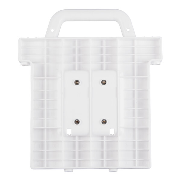 A white plastic pusher head assembly for a universal slicer, featuring a handle and grid design.