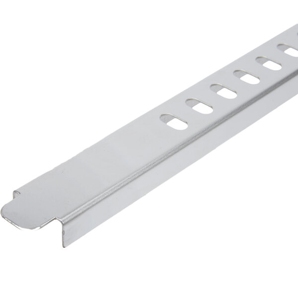 A silver metal vertical rack guide with holes.