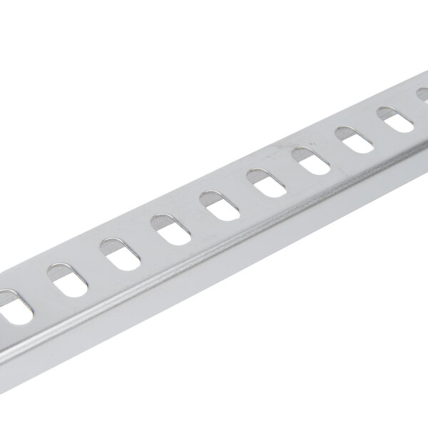 An Avantco vertical rack guide with holes on a metal strip.