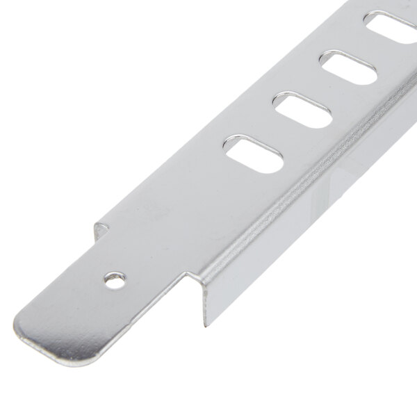 A close-up of a silver metal Avantco vertical rack guide with holes.