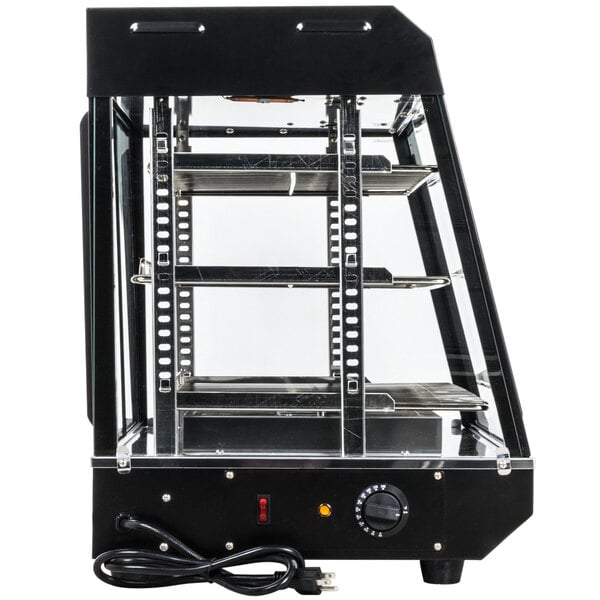 A black Avantco vertical rack guide for a food warmer with a glass door.