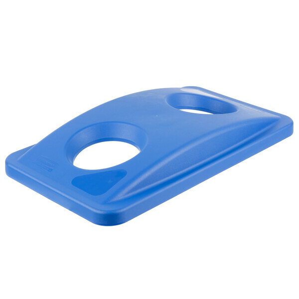 A blue Rubbermaid Slim Jim recycling lid with two holes.