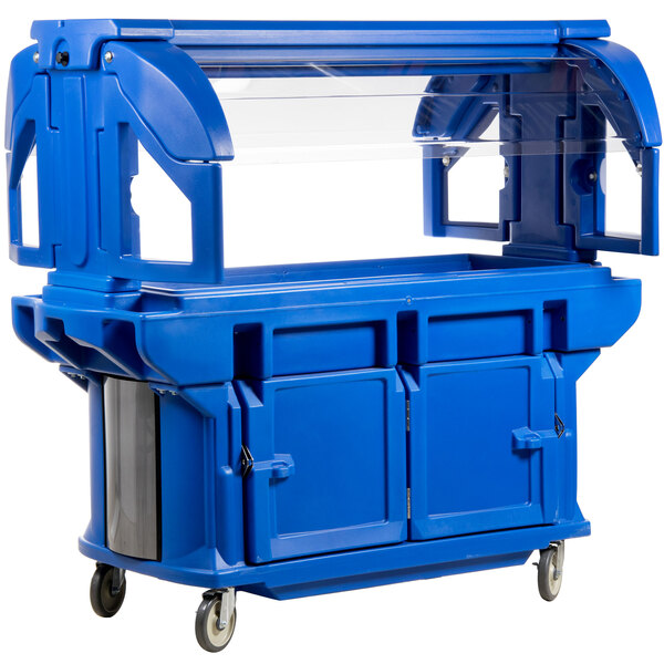 A navy blue food cart with a clear top.