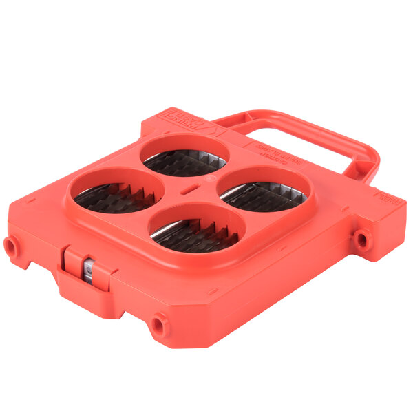 A red plastic Prince Castle Tomato Slicer blade assembly with four holes.