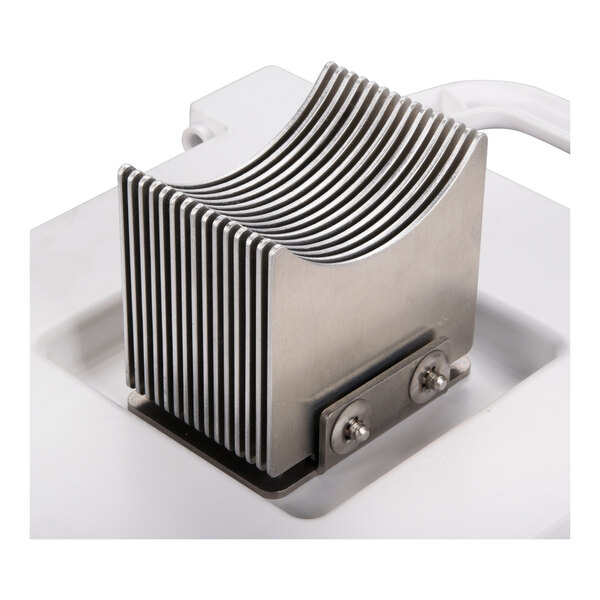 A stainless steel slicer blade and pusher head assembly for a commercial food slicer.