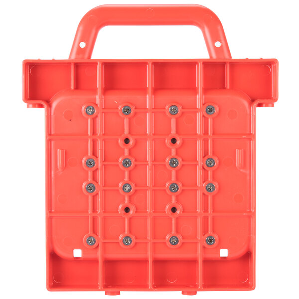 A red rectangular plastic pusher head with a circle on it.