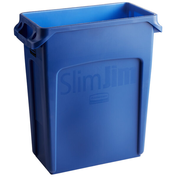 A blue Rubbermaid Slim Jim rectangular trash can.