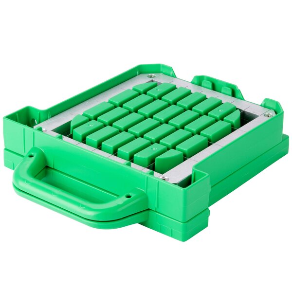 A green plastic box with a handle and a white Prince Castle Saber King Lettuce Chopper Blade and Pusher Head Assembly inside.