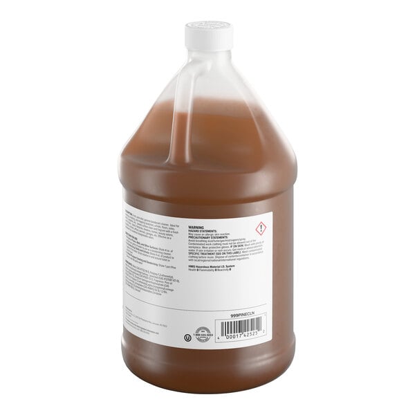 A one-gallon plastic jug of concentrated pine cleaner with a brown liquid and a white label.