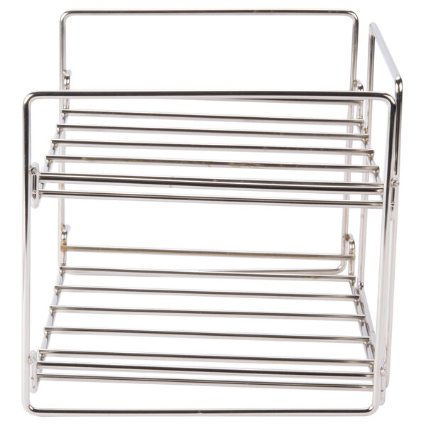 A metal rack with two tiers and metal rods.