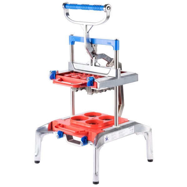 A metal tomato slicer with a red and blue handle.