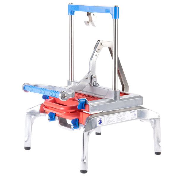 A Prince Castle tomato slicer with blue handles.