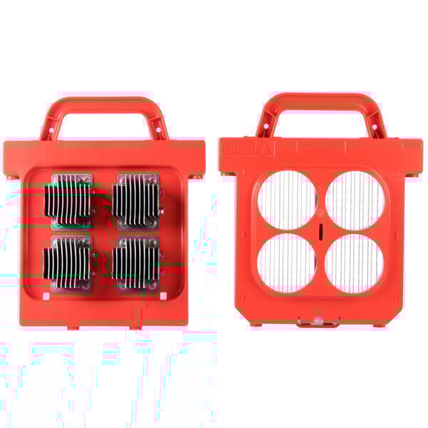 A red plastic case with metal parts for a Prince Castle Saber King Tomato Slicer.