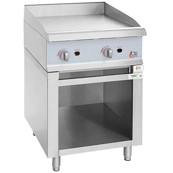 A stainless steel Cooking Performance Group natural gas 2 burner griddle with manual controls.