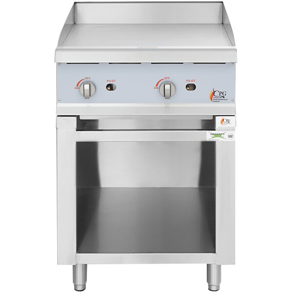 A Cooking Performance Group natural gas stainless steel 2 burner griddle with manual controls.