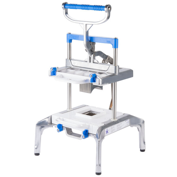 A metal machine with blue handles and a white stand.