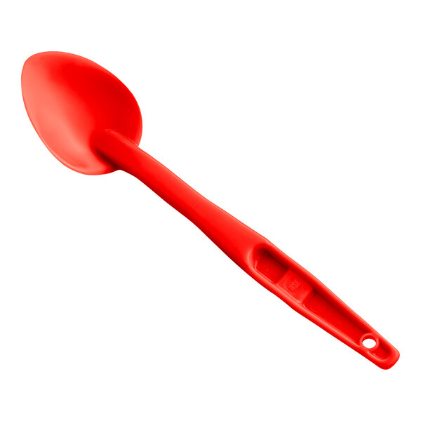 A red Cambro salad bar spoon with a handle.