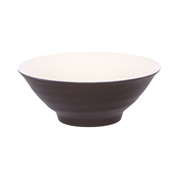 A white melamine bowl with a white rim and black interior.